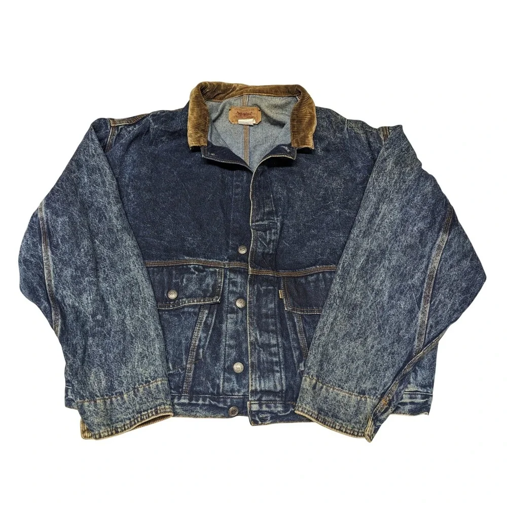 Vintage Levis Acid Wash Denim Trucker Jacket Corduroy Collar USA XL 75073-0227 - Picture 1 of 16
